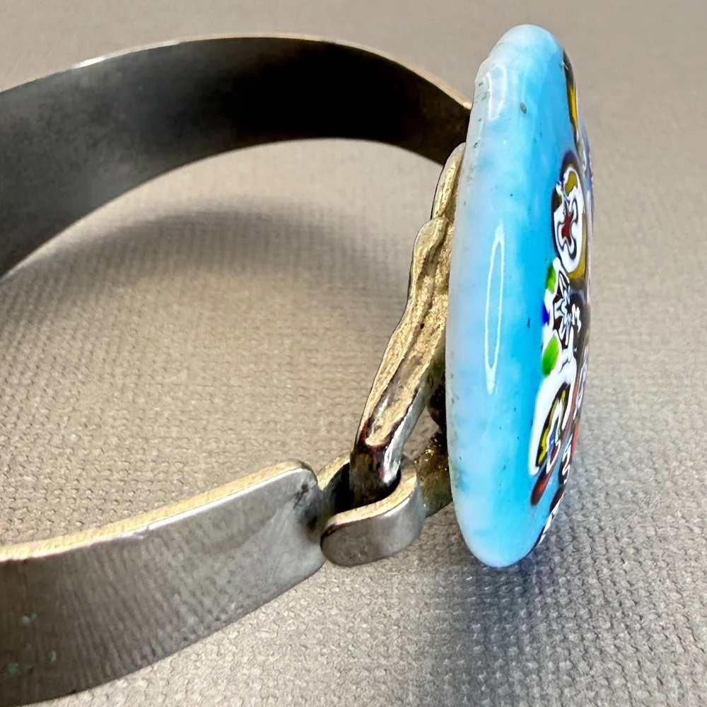 Vintage Millefiori Murano Glass Silver Tone‎ Cuff Bracelet Blue Floral Statement